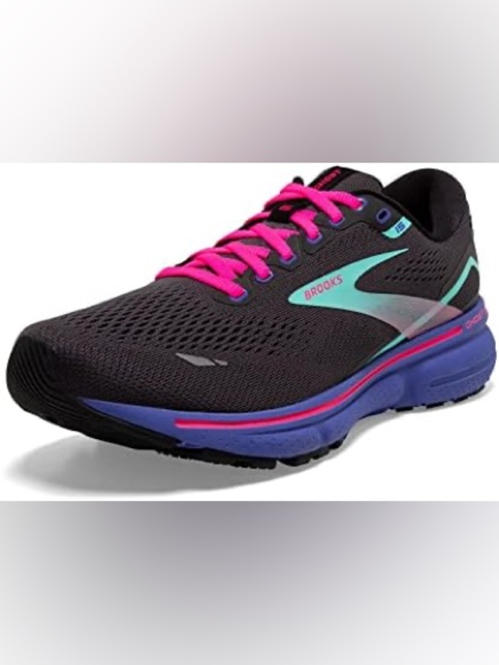 Brooks Ghost 15 Women's Black Running Shoe with Pink Laces size 8.5